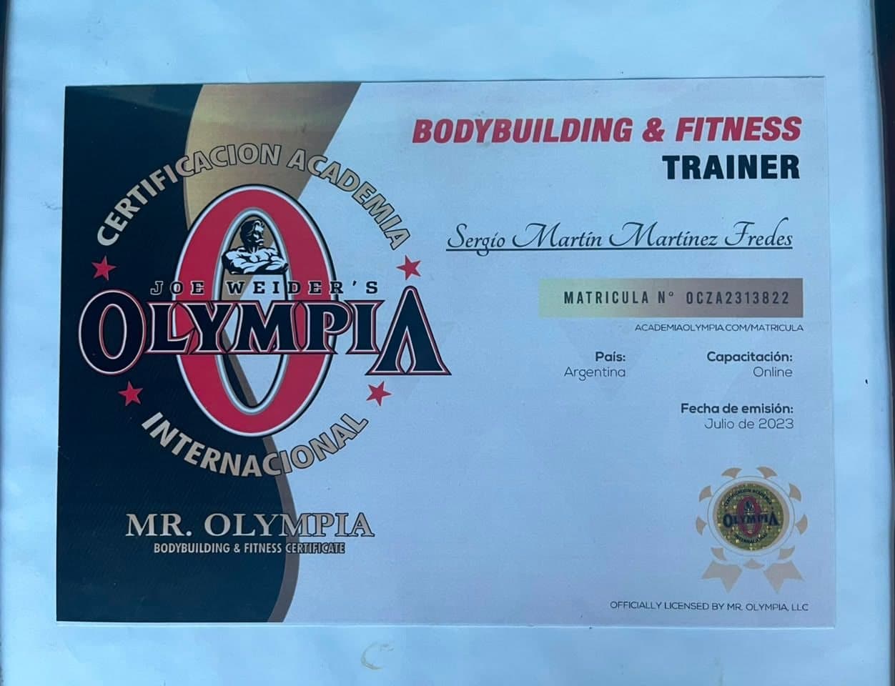 Certificado: Bodybuilding & Fitness Trainer