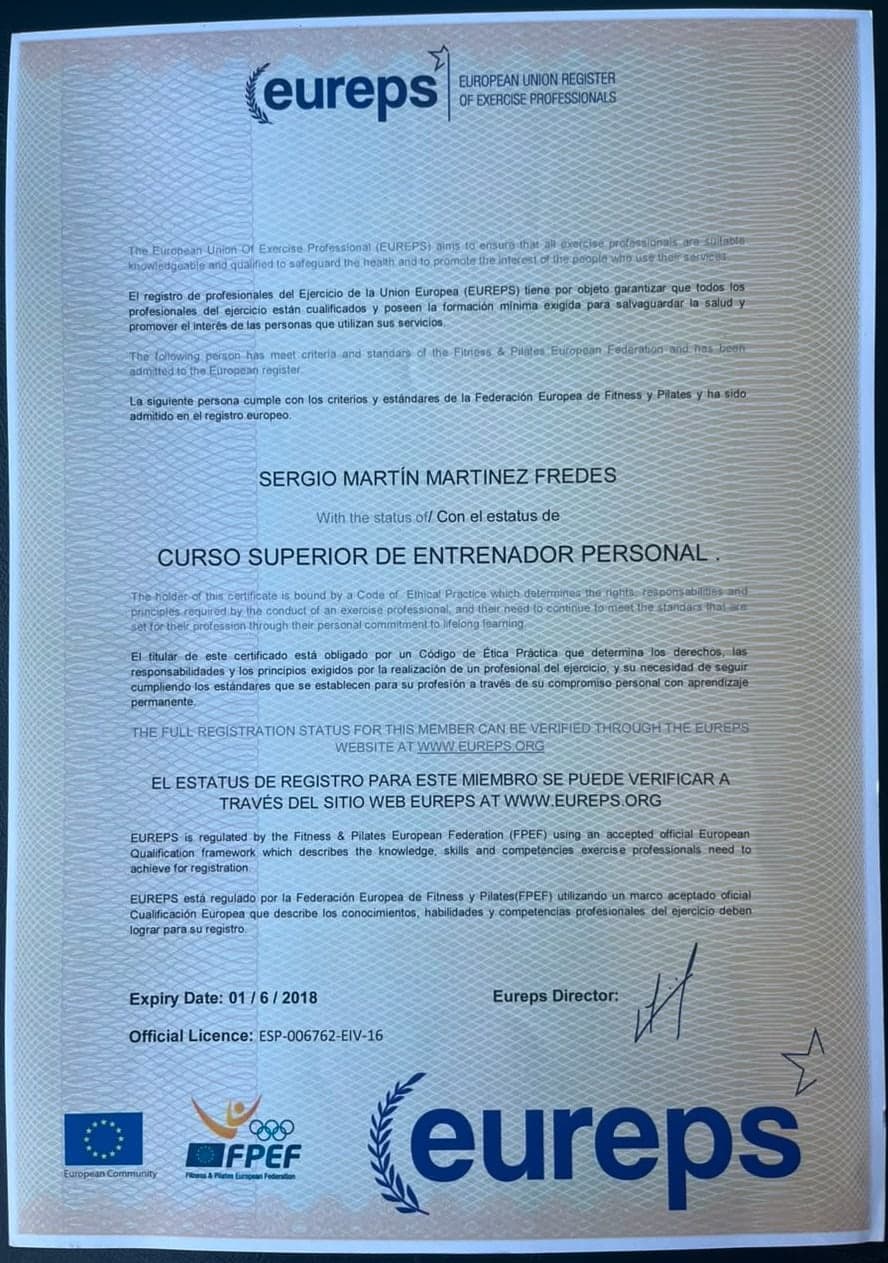 Certificado: Entrenador Personal — registro europeo