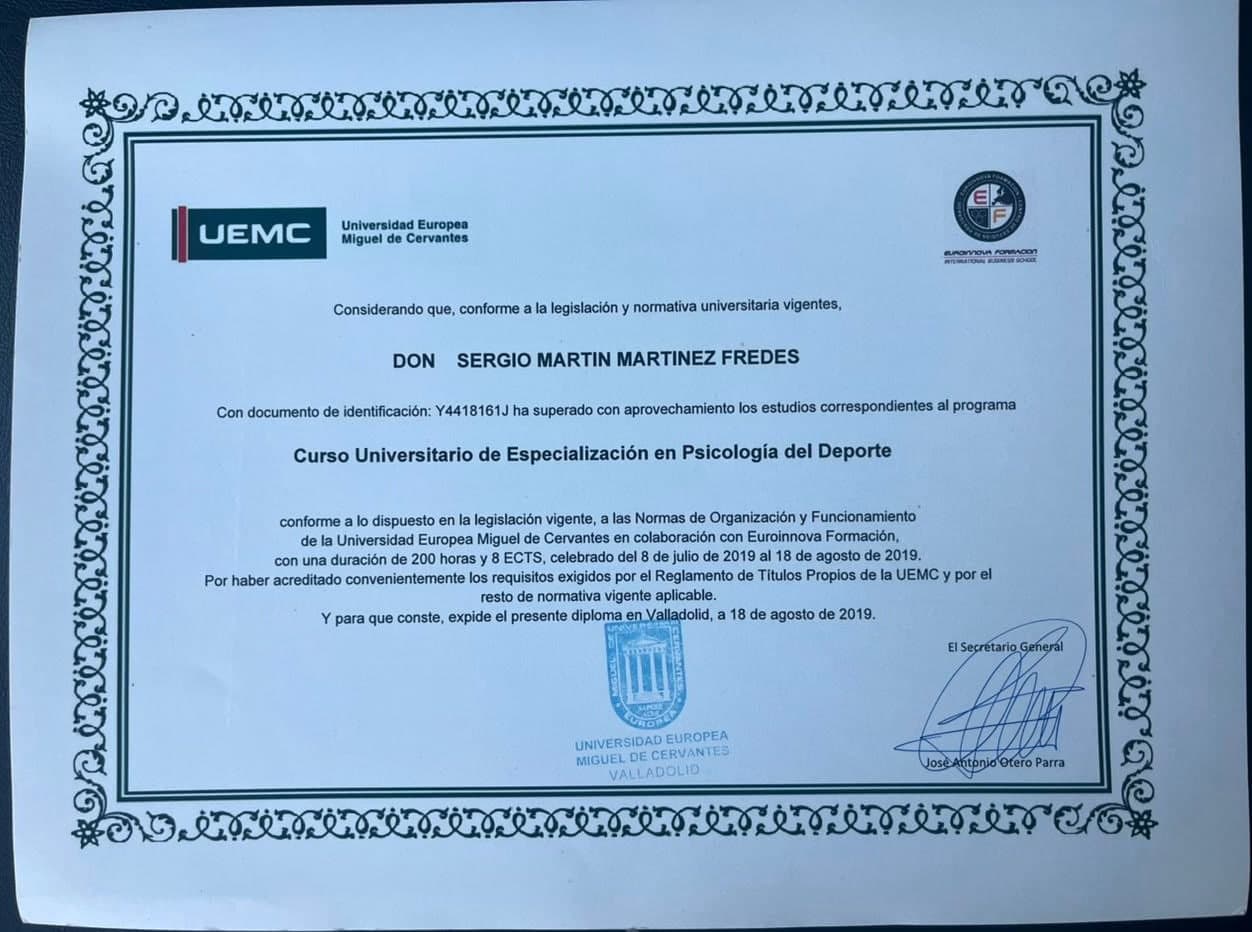 Certificado: Especialización en Psicología del Deporte